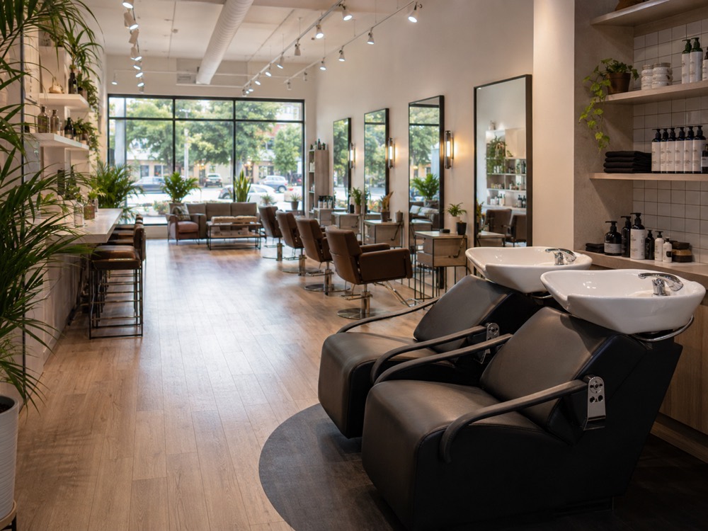 Bright modern hair salon interior with styling chairs