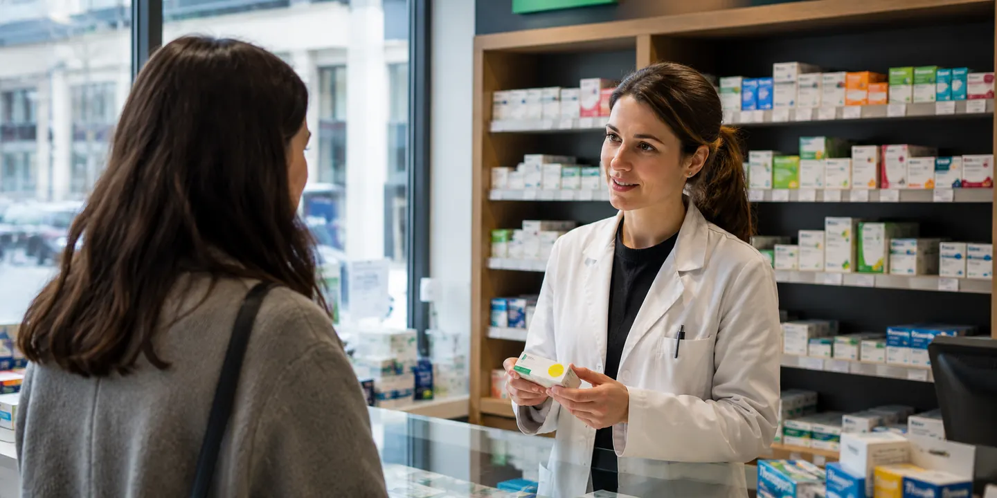 Pharmacist advising a visitor in a Geneva pharmacy