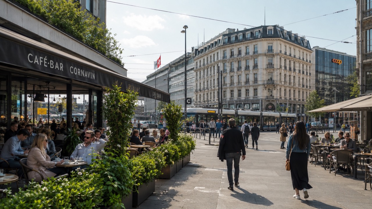 Cafe terraces and trams outside Cornavin station in Geneva, Switzerland