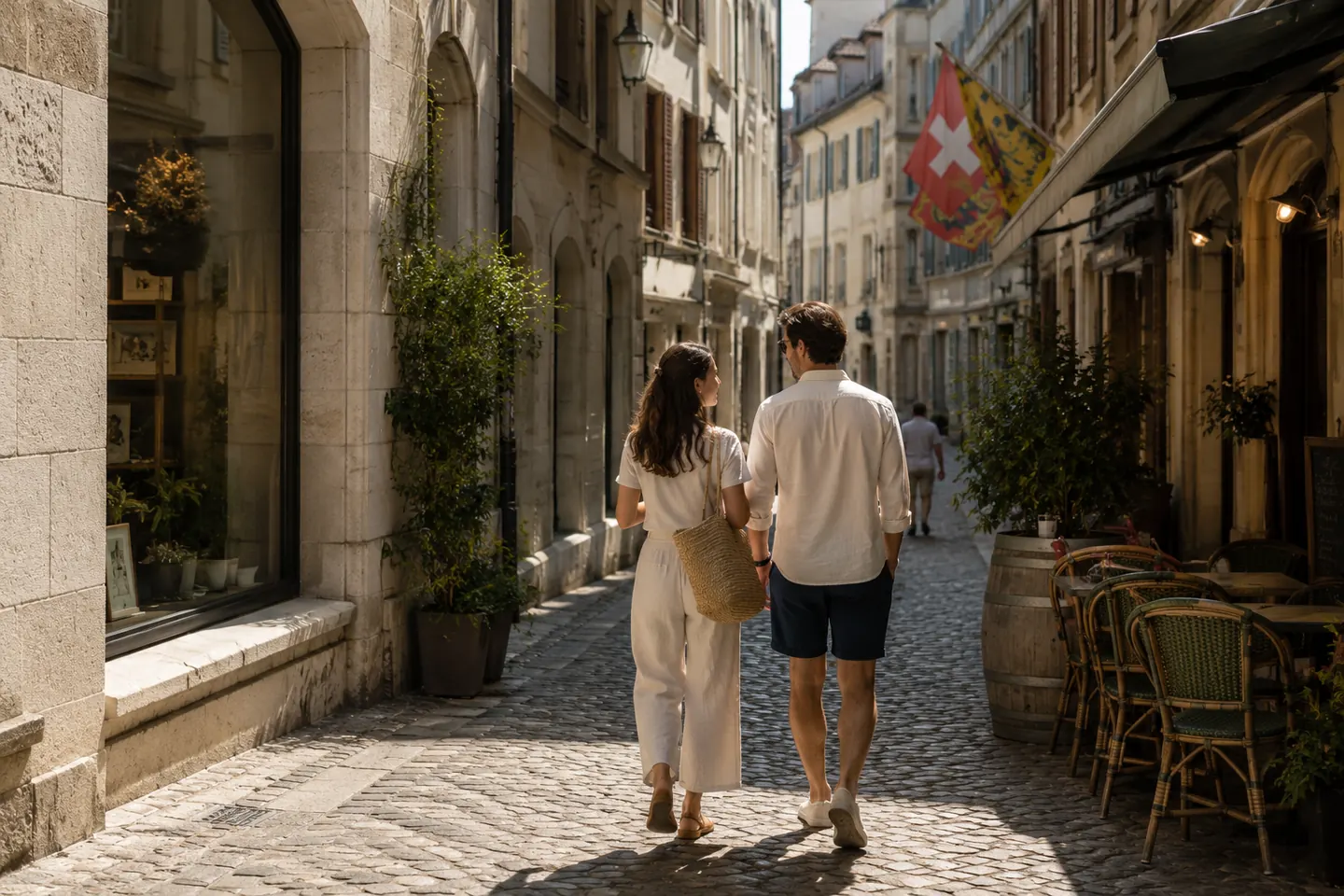 A couple walking through Geneva's Old Town
