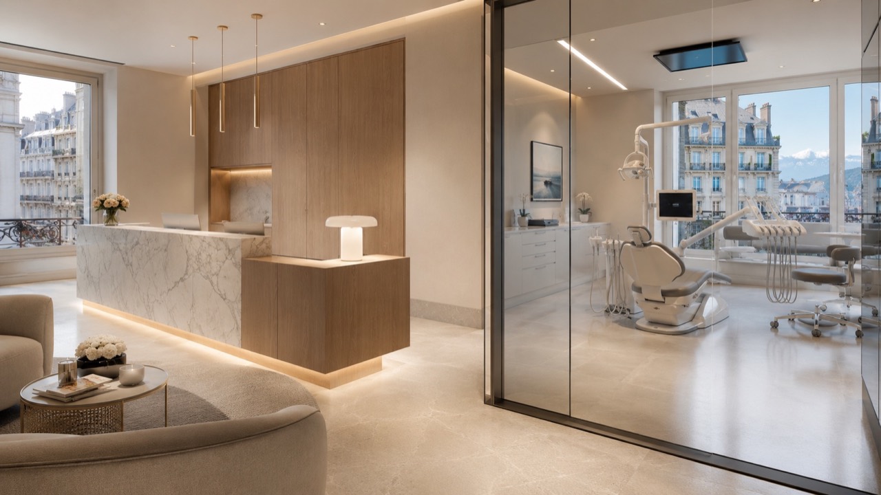 Bright dental clinic treatment room and reception area in Geneva, Switzerland