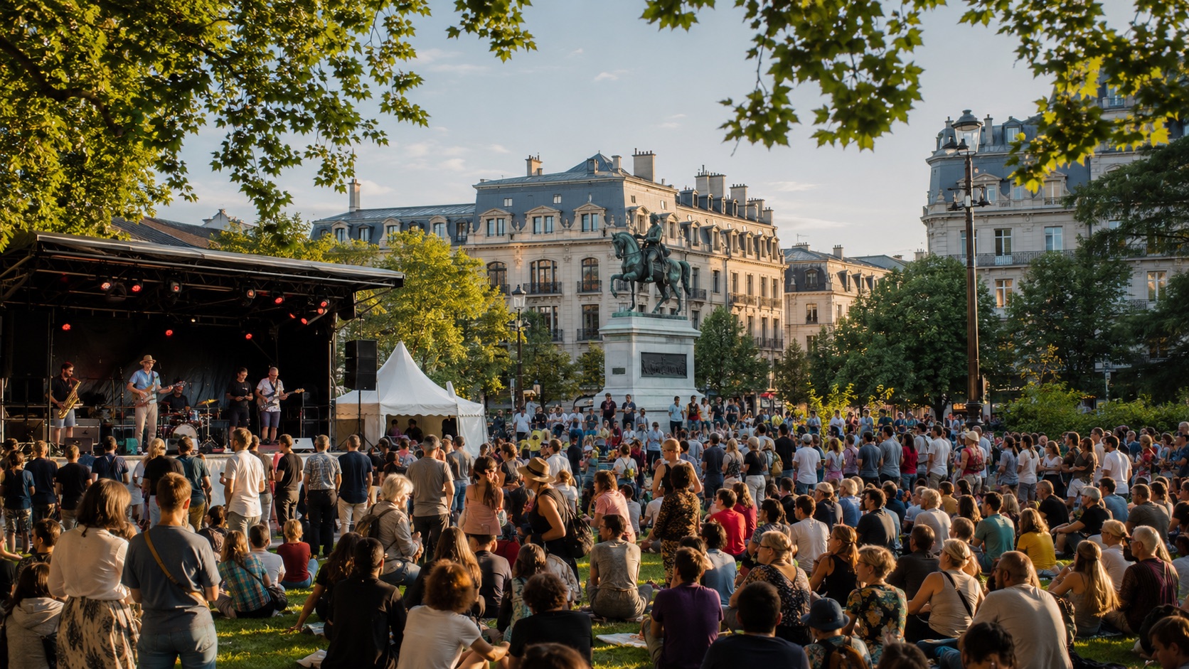 Outdoor Fete de la Musique concert crowd in a Geneva park near Place de Neuve, Switzerland