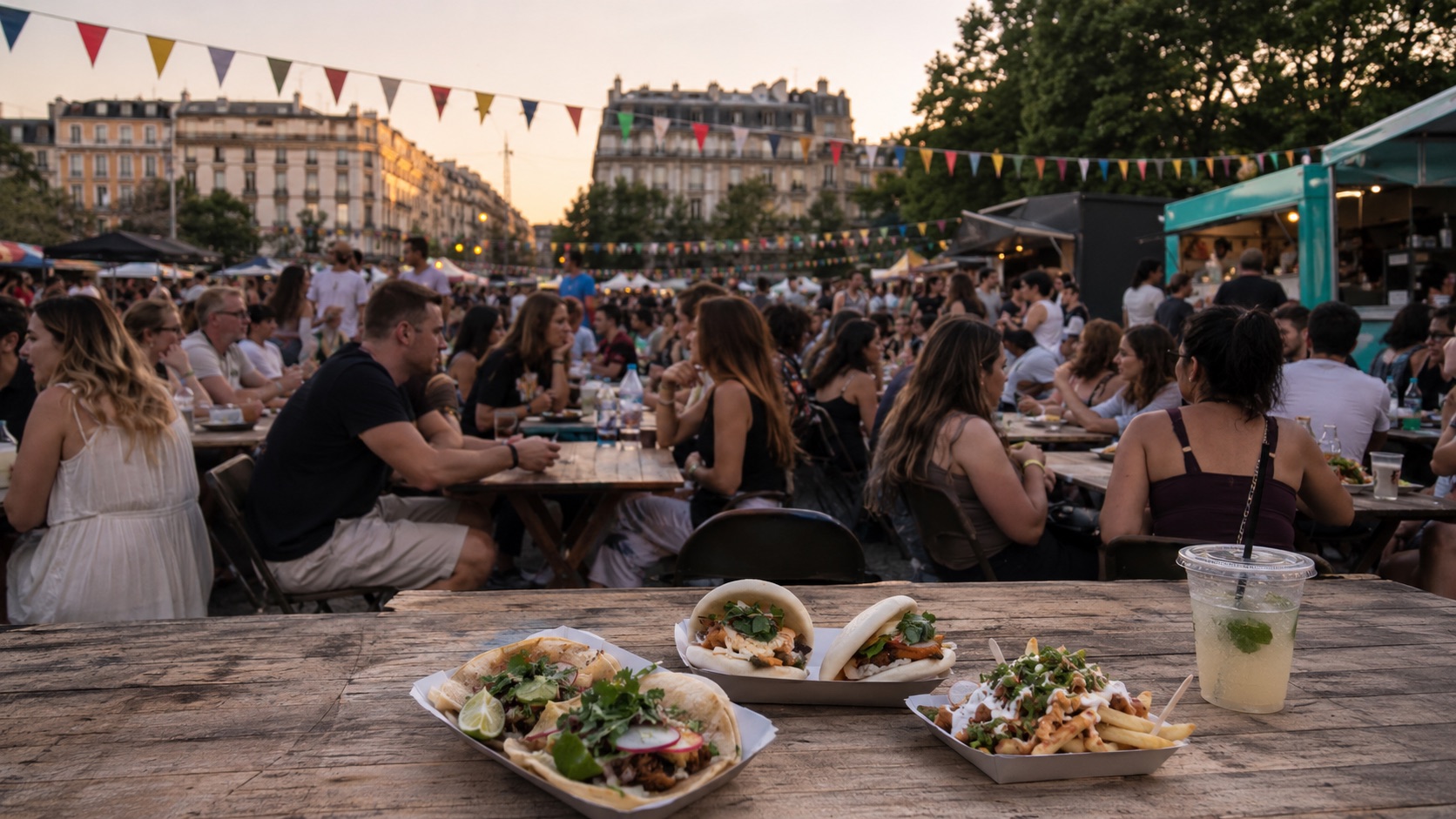 Geneva Street Food Festival at Plainpalais with food trucks, outdoor tables and summer evening crowds