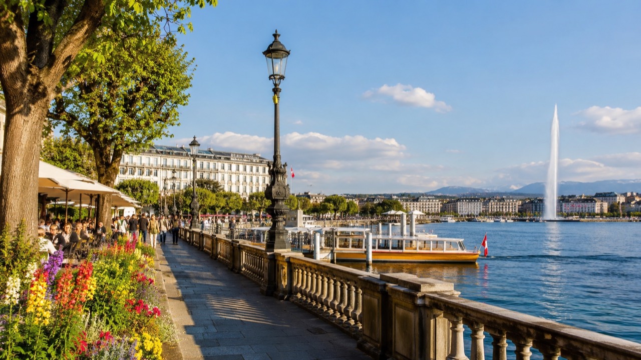 Sunny Lake Geneva promenade with terraces, boats and the Jet d'Eau in Geneva, Switzerland