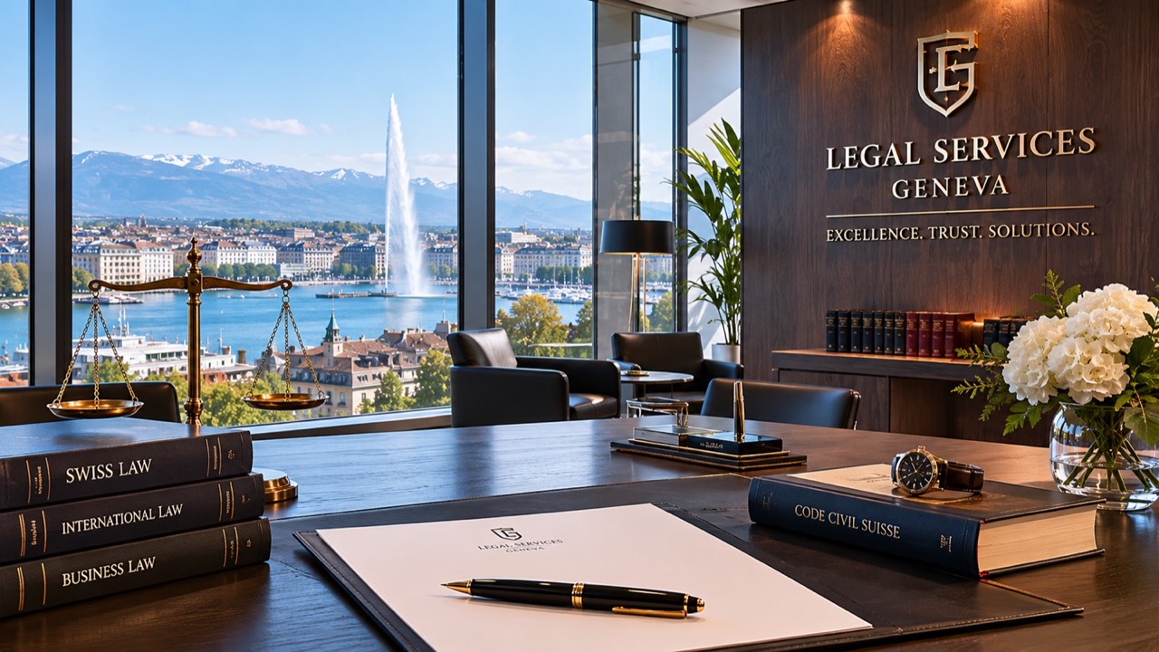 Professional office overlooking Lake Geneva and the Jet d'Eau in Geneva, Switzerland