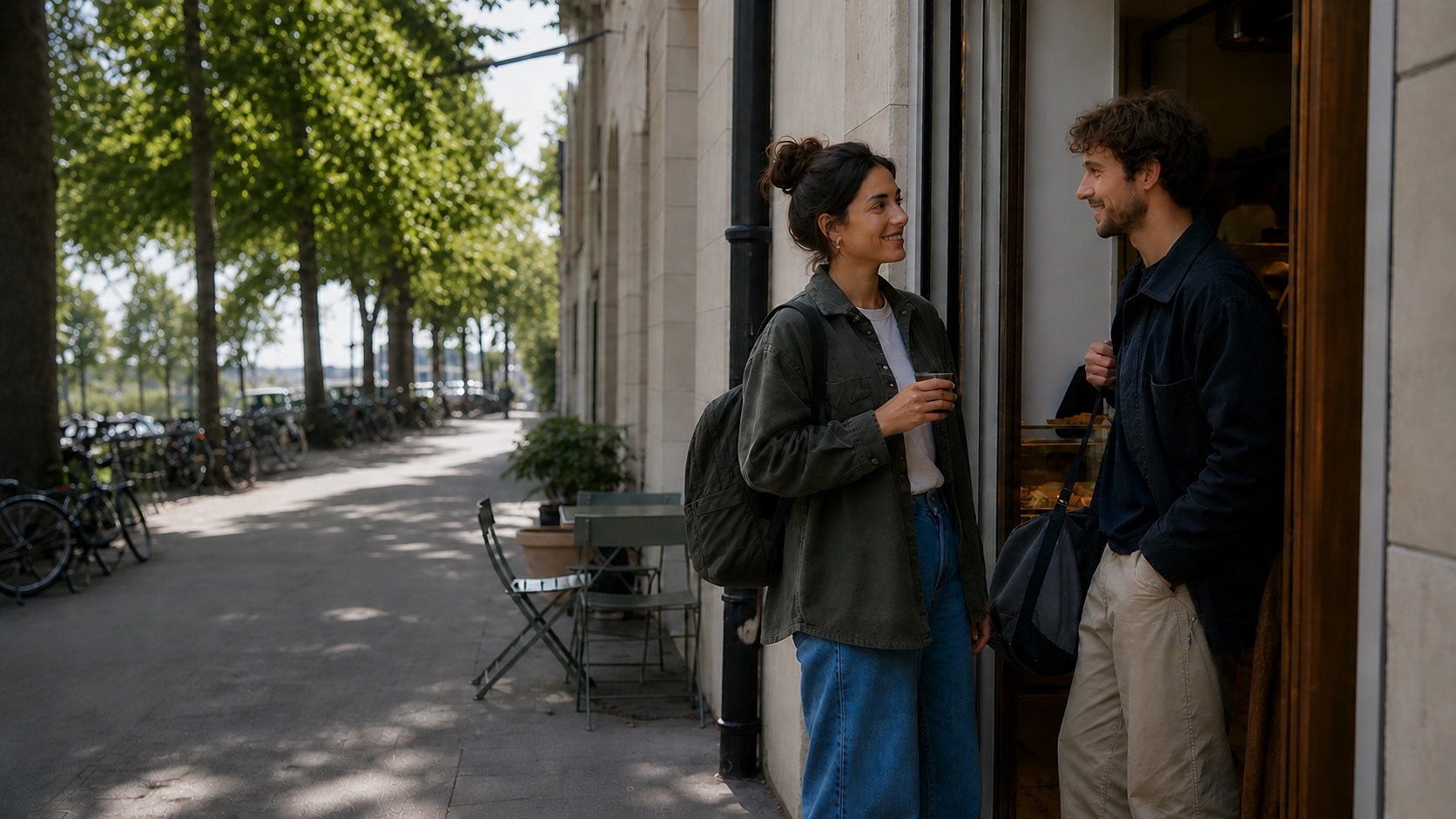 Two young visitors chatting outside a Geneva café